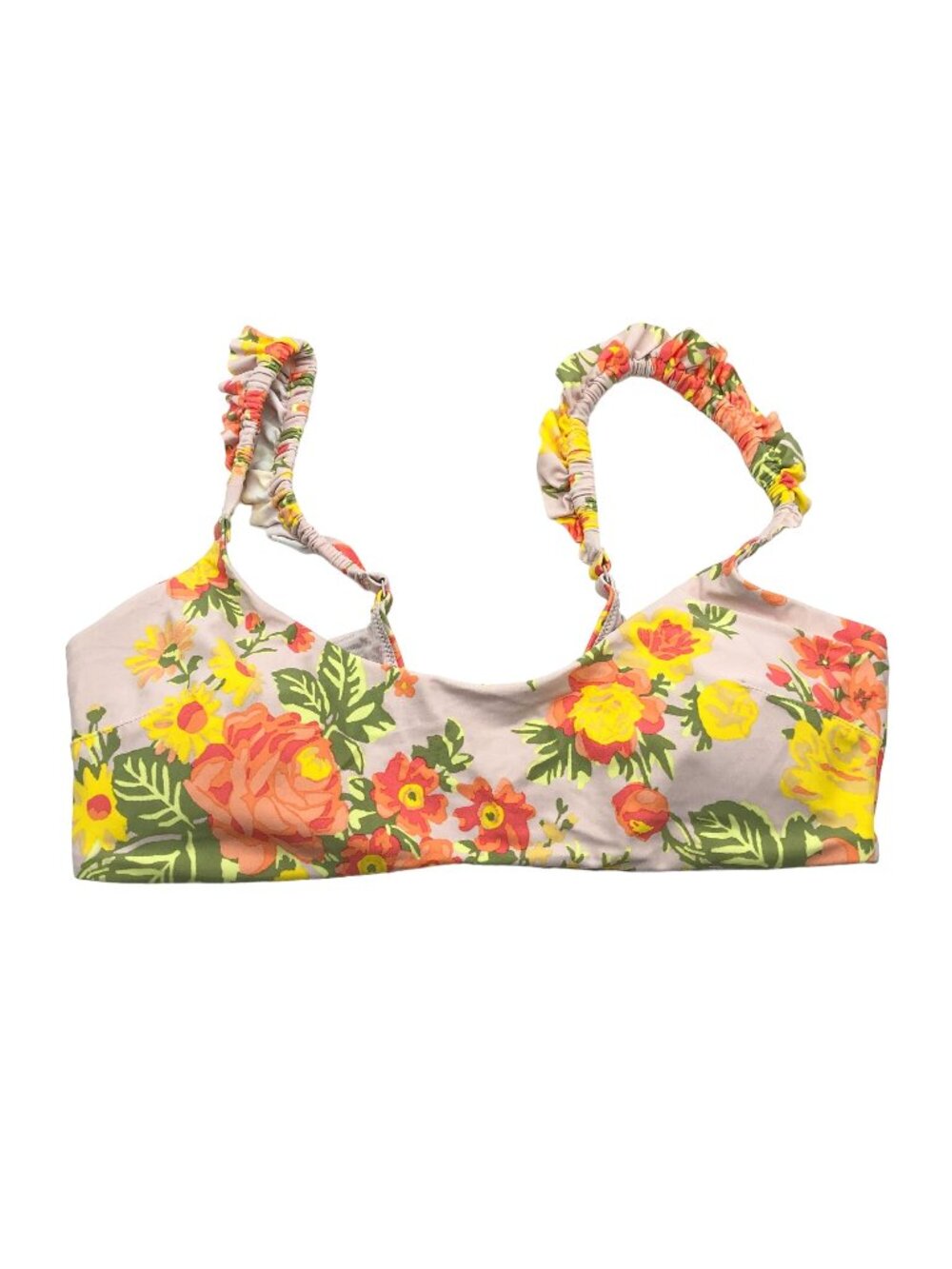 Aerie Floral Ruffle Scoop Bikini Top Removable Cups Beige Orange Yellow XL